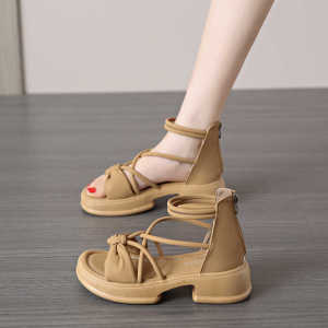 Womens Roman Style Sandals Thick Heel Buckle Cross Strap Low Cut mid Heel Summer Fashion Footwear PU Leather Roman Shoes