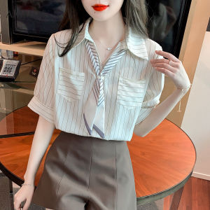 AMMIN summer new fashion lapel with streamer short sleeved commuting chiffon shirt womens Korean version style double pocket pouch design striped single breasted elegant blouse