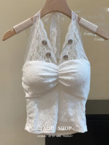 เสื้อกั๊กสายเดี่ยวคอวีลูกไม้สไตล์เกาหลีสำหรับผู้หญิง ฤดูใบไม้ผลิและฤดูร้อน เสื้อชั้นในสั้นสุดเก๋ไก๋สำหรับสาวๆ