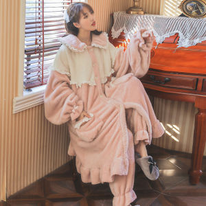 Womens Long Thickened Fleece Pajamas Set Coral Velvet Winter Home Clothes Nightgown with Edge Flower Home Sweet Style