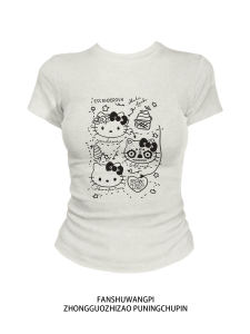 American Style Pure Cotton Short Sleeve T-Shirt Womens Summer Slim Fit Short Length Waist Cinching Slimming Printed round Neck Top