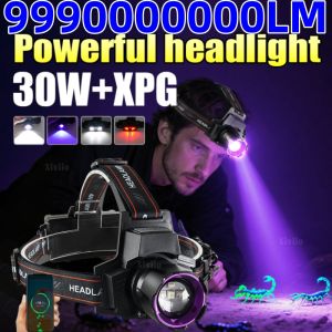 30W+4*XPG LED Purple Light Headlamp 999000000LM Telescopic Zoom Rechargeable Head Torch Fishing Hunting Hiking Outdoor Work Lamp
