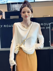 White Thin Ice Silk Long Sleeve T-Shirt Womens Summer Sun Protection Loose Shoulder Exposure Design Sense Top