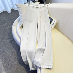 Quần Ống Rộng La Chapelle Màu Xanh Đậm Cho Nữ Mùa Thu Đông Quần Ống Đứng Rộng Rãi Có Khóa Kéo Cotton Thoải Mái