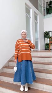 Rena Strip Blaster Sweater Rajut Tebal Oversize Jumbo Wanita Terbaru 2024 Kekinian