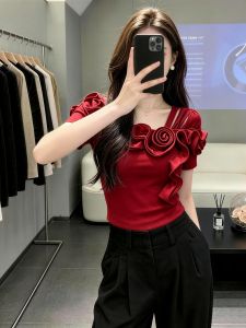 SHUAIYUE | Áo Quây Đỏ Ôm Body Cổ 3D Hoa