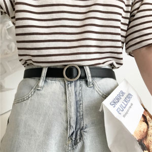 เข็มขัดหัวเข็มขัดกลมสําหรับผู้หญิงอินเทรนด์สไตล์เกาหลีเรียบง่ายจับคู่เข็มขัดหนัง PU ไม่มีรูนักเรียนแฟชั่นอุปกรณ์ตกแต่ง