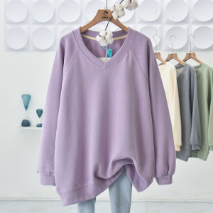 Pure Cotton V-Neck Sweatshirt Womens Spring Autumn New Style Shoulder Insertion American Popular Purple Color Loose Fit Long Sleeve Hoodie