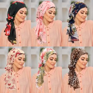 2 ชิ้น/เซ็ตผู้หญิงดอกไม้พิมพ์ผมวงกลมชุด Headscarf หมวกมุสลิม Hijab มะเร็งผ้าพันคอ Headwear ผ้าพันคอ