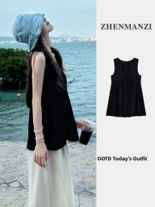 ZHENMANZI | French Stylish Black Spaghetti Strap Vest for Summer Beach Wear
