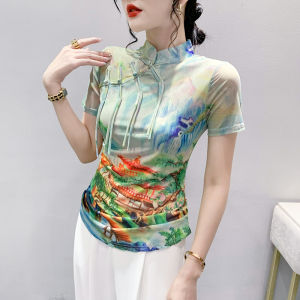 New Chinese Style T-Shirt Women Short Sleeve Summer Fashion Printed Mesh Top Button up Lace Trim Slim Fit Geometric Pattern