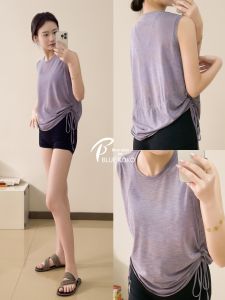 Blue Yoga Clothes Loose round Neck Sleeveless Fitness Vest Drawstring Bottom Breathable Pilates Transparent Cover Shirt