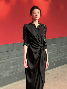 Elegant French Black V-Neck Long Sleeve Dress Womens Spring Autumn High Waist Tie Waist Gown Polyester Fabric A-Line Skirt