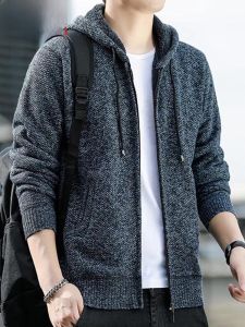 HENGYUANXIANG | Áo len cardigan dày dặn có mũ trùm đầu cho nam Áo khoác ngoài mùa thu đông màu trơn thường ngày Áo len dệt kim nguyên chất Hengyuanxiang