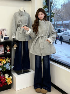 XUECAIQI | Autumn Winter Elegant Korean Style Long Grey Coat and Jeans Two-Piece Set