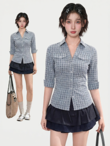 KBVVR | Polo Collar Plaid Slim Fit Womens Shirt