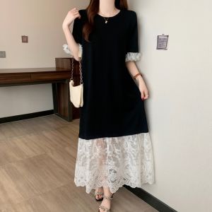 AIYITI | Lace Panel Short Sleeve Dress T-shirt Dress Slimming Loose Plus Size