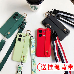 Redmi Note13 pro Soft Silicone Phone Case with Wrist Strap Full Edge Protection Black Red Strap Stand Crossbody Neck Rope Pure Color Matcha Green Simple Womens Style
