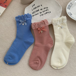 สีขาว ผ้าฝ้าย ถุงเท้าถึงกลางน่อง ถุงเท้าสําหรับผู้หญิง ระบายอากาศได้ดี น่ารัก ลูกไม้ ตกแต่งปมผีเสื้อ สไตล์เกาหลี บางและ น้ำหนักเบา ยอดนิยมกับรองเท้าเล็กๆ หนัง