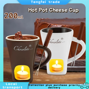 Chocolate Fondue Mug Mini Heater Ice Cream Pot with Forks Chocolate Melting Mug Ceramics Fondue Cups