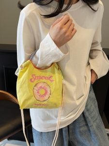 Cute Mini Embroidered Donut Handbag Womens Canvas Shoulder Bag Lightweight Commuter Phone Bag Soft Open Top Bucket Bag