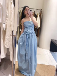 Thai Style Maxi Dress with Bow Knot Strapless Pleated A-Line Skirt for Island Vacation Spring Summer Autumn Butterfly Knot Dress
