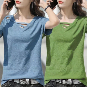 Lieoyuarn | Loose Bamboo Cotton T-Shirt V-Neck Plain Short Sleeve