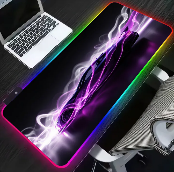 RGB Gaming Mouse Pad Neon Sports Car XXL Large Desk Mat LED Light Non Slip Rubber Base for PC Laptop Gamer