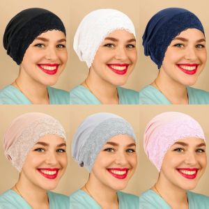 New Solid Color Lace Turban Cap Muslim Fashion Soft Strech Women Hijabs Ladies Head Scarf Head Wrap Hijab Scarf