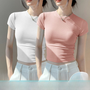 เสื้อยืดคอกลมแขนสั้นผ้าไหมน้ำแข็ง เสื้อชั้นในทรงเข้ารูปสำหรับฤดูร้อน เสื้อตัวบนทรงสั้น แฟชั่นผู้หญิง ลำลอง สไตล์เกาหลี