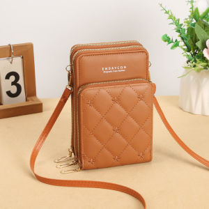 Fashionable Korean Style Embroidered Mobile Phone Bag Womens Crossbody Single Shoulder Bag with Three Zippers Mini Wallet