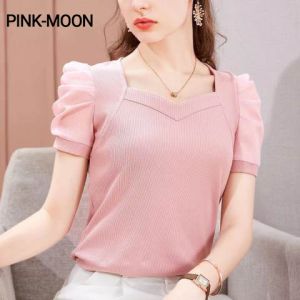 PM✿ Ice Silk Blouse Plus Size Women's Summer Korean Style Puff Sleeve Short-Sleeve T-shirt