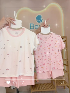 Bộ cộc tay cài vai họa tiết hồng BENTY mềm mịn mát đồ bộ chất cao cấp bé mặc thoải mái