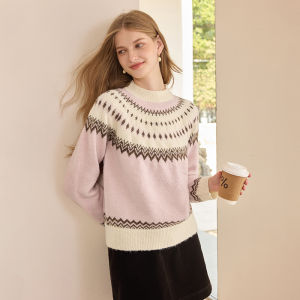 XIANGYING | Pink Fair Isle Knit Sweater for Women Wool Content Youthful Hooded Loose Sweater