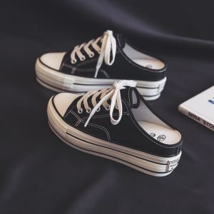 Womens Canvas Slip-On Shoes Summer Thick Bottom High Top Wedges Rubber Outsole Low Cut Fashion Korean Style Flat Heel