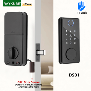 RAYKUBE DS01 BLE TT Lock Smart Fingerprint Deadbolt Lock with Latch/Door Sensor Auto Lock Key/Password/Card/ TT Lock APP Unlock