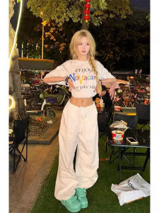 Quần Ống Rộng Xếp Ly Cạp Thấp Phong Cách Đường Phố Mỹ Cho Nữ Mùa Hè Quần Ống Đứng Rộng Rãi