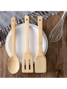 Long Handle Bamboo Cooking Spatula Kitchen Utensil Set Non-Stick Pan Bamboo Spoon Heat Resistant Bamboo Strainer Wood Material