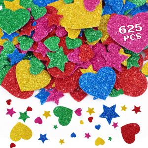 625Pcs Glitter Heart Foam Stickers Colorful Self Adhesive Mini Star Heart Shapes StickerFoam Sticker for Valentines Day