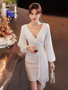 Elegant White Evening Gown Womens Party Dress Luxury Minimalist High-Quality Fish Tail Long Sleeve V-Neck Sequin Detail