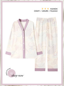 Langsha Womens Pure Cotton Long Sleeve Long Pants Sleepwear V-neck Home Clothes Set Loose Casual Outerwear Large Size