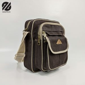 Baepack Tas Selempang Kanvas Pria Xenof Cokelat Tua / Tas Bahu Canvas Cowok / Tas Selempang Premium Produsen Bandung