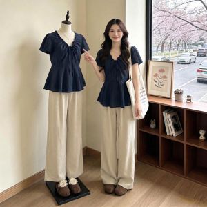 V.C.I | Navy V-Neck Short Sleeve Slimming Blouse for Plus Size Women