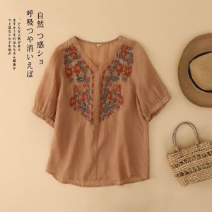 Woey summer new arrival stylish plus size embroidery cotton linen shirt WOMENS V-neck slim fit pullovers blouse tee