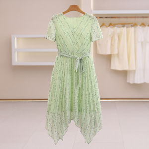 Irregular Hem Letter Print Tie V-Neck Dress