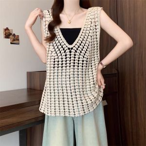 เสื้อกั๊กถักแบบมีรูรูปดอกไม้สไตล์โบฮีเมียนฤดูร้อนสำหรับผู้หญิง เสื้อแขนกุดแบบสวมหัว ทรงหลวม สีสันสดใส ปกติ