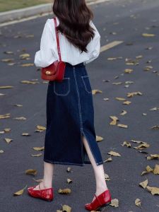 Deep Blue Denim High Waist A-Line Skirt for plus Size Women Pear Shape Body Slimming Mid-Length Casual Spring Summer Skirt