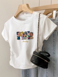 Slim Fit Short Sleeve T-Shirt Womens American Retro Spicy Waist Gathered Top Summer New Style Commute Korean Version Cotton Pure