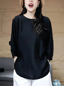 QINGNAER | Elegant Slim Commute-friendly Black Thin Round-neck Seven-sleeve Blouse
