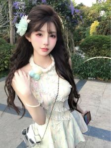 Váy Ngắn Cổ Treo Xanhหวาน Mùa Hè Cho Nữ Váy Chữ a Cạp Cao Không Tay Không Tay Váy Ngắn Không Đều